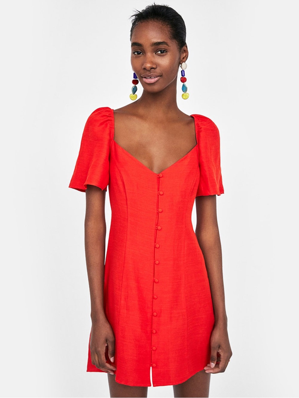 Zara Orange Puff Sleeve Button-Down Mini Dress
